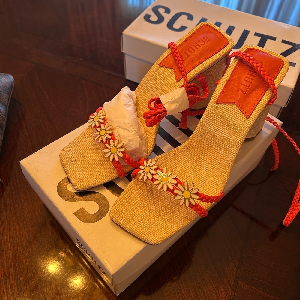 SCHUTZ Floral Tan and Red Sandals